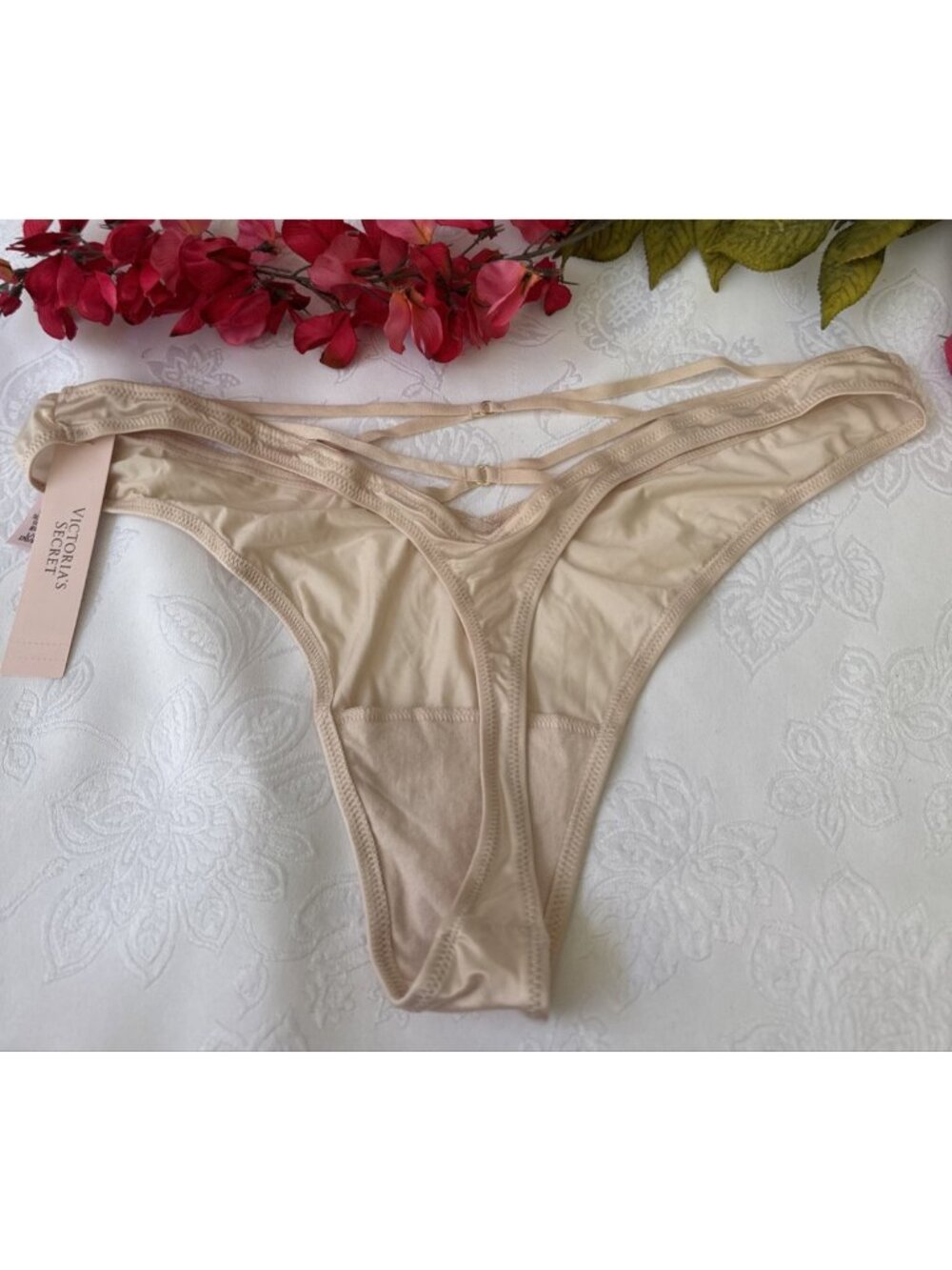 VICTORIA'S SECRET L NUDE SILKY SEXY STRAPPY CHARM HI LEG TANGA THONG PANTIES NWT